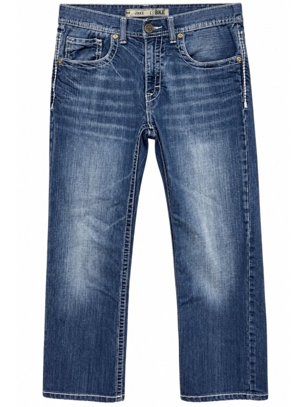 BKE Jake Jeans Mens 32x28 Blue Straight Leg Denim Stretch Thick Stitch Wiskering